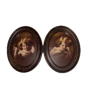Vintage Cupid Awake & Cupid Asleep Oval Portrait Framed Print 13.5x9 Metal Frame